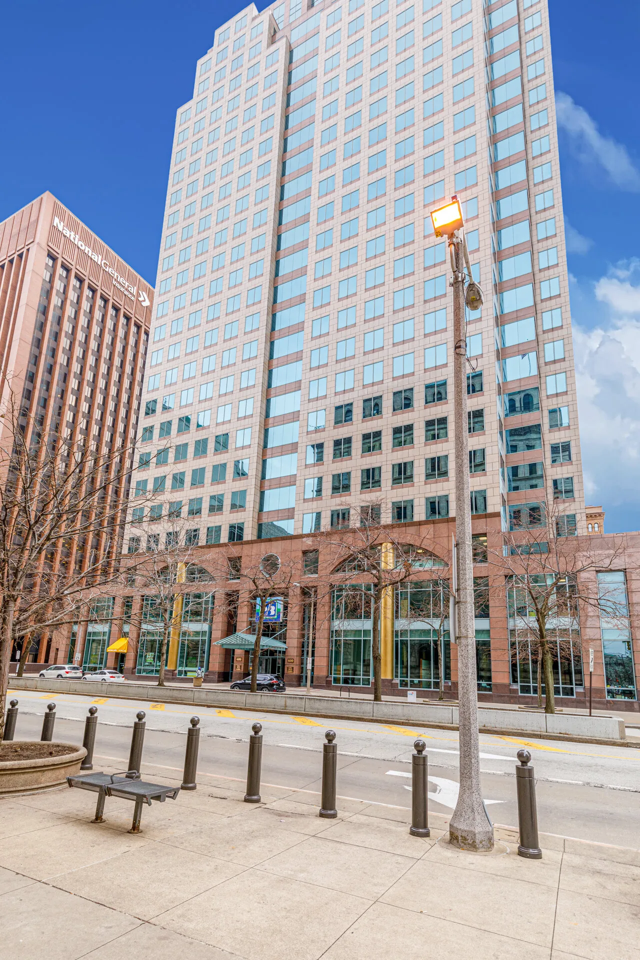 High-rise office building exterior in downtown Cleveland — commercial construction project by Skoda Construction, Northeast Ohio